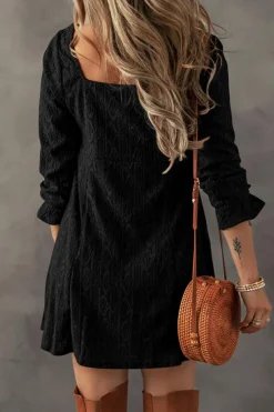 Clearance Dear-Lover Lace Crochet Buttoned Square Neck Shift Mini Dress Black