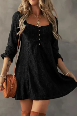 Clearance Dear-Lover Lace Crochet Buttoned Square Neck Shift Mini Dress Black