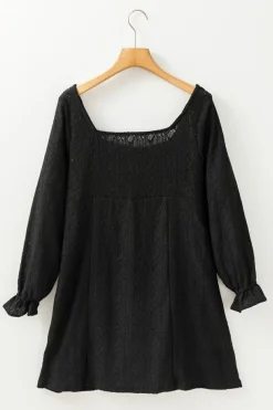 Clearance Dear-Lover Lace Crochet Buttoned Square Neck Shift Mini Dress Black