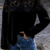 Best Dear-Lover Lace Crochet Patchwork O Neck Long Sleeve Top Black