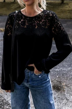 Best Dear-Lover Lace Crochet Patchwork O Neck Long Sleeve Top Black