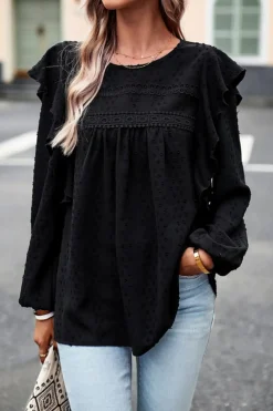 Discount Dear-Lover Lace Eyelet Ruffle Shoulder Long Sleeve Blouse Black
