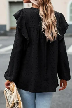 Discount Dear-Lover Lace Eyelet Ruffle Shoulder Long Sleeve Blouse Black