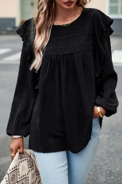 Discount Dear-Lover Lace Eyelet Ruffle Shoulder Long Sleeve Blouse Black