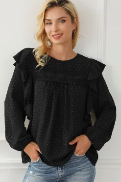Discount Dear-Lover Lace Eyelet Ruffle Shoulder Long Sleeve Blouse Black