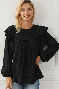 Discount Dear-Lover Lace Eyelet Ruffle Shoulder Long Sleeve Blouse Black