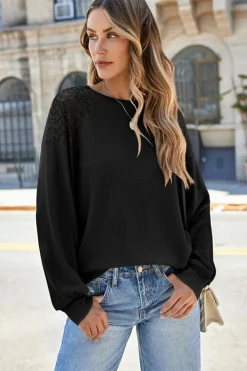 Outlet Dear-Lover Lace Long Sleeve Textured Pullover Black
