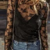 Discount Dear-Lover Lace Mesh Crochet Splicing Slim Fit Long Sleeve Blouse Black