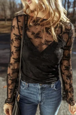 Discount Dear-Lover Lace Mesh Crochet Splicing Slim Fit Long Sleeve Blouse Black