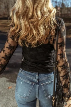 Discount Dear-Lover Lace Mesh Crochet Splicing Slim Fit Long Sleeve Blouse Black
