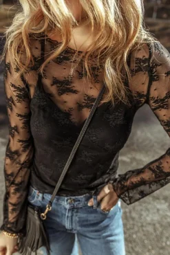 Discount Dear-Lover Lace Mesh Crochet Splicing Slim Fit Long Sleeve Blouse Black