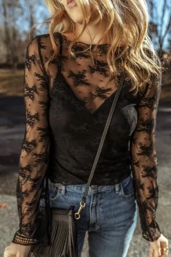 Discount Dear-Lover Lace Mesh Crochet Splicing Slim Fit Long Sleeve Blouse Black
