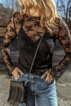 Discount Dear-Lover Lace Mesh Crochet Splicing Slim Fit Long Sleeve Blouse Black