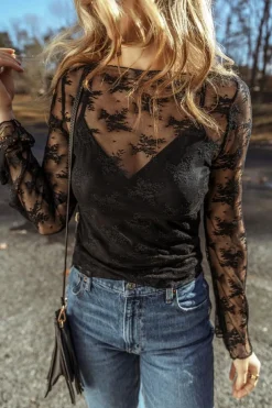 Discount Dear-Lover Lace Mesh Crochet Splicing Slim Fit Long Sleeve Blouse Black