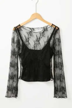 Discount Dear-Lover Lace Mesh Crochet Splicing Slim Fit Long Sleeve Blouse Black