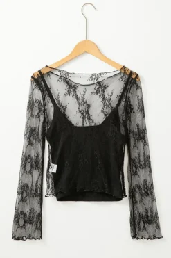 Discount Dear-Lover Lace Mesh Crochet Splicing Slim Fit Long Sleeve Blouse Black