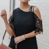 Discount Dear-Lover Lace Splicing Strappy Cold Shoulder Top Black