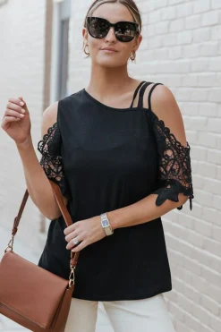 Discount Dear-Lover Lace Splicing Strappy Cold Shoulder Top Black