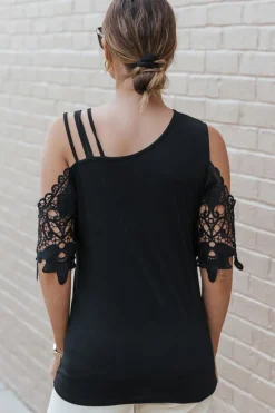 Discount Dear-Lover Lace Splicing Strappy Cold Shoulder Top Black