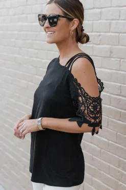 Discount Dear-Lover Lace Splicing Strappy Cold Shoulder Top Black