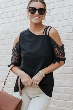 Discount Dear-Lover Lace Splicing Strappy Cold Shoulder Top Black
