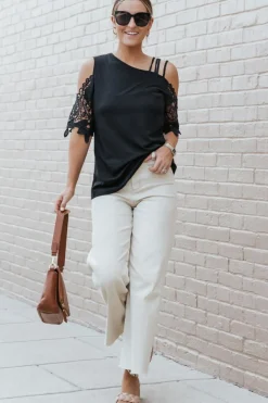 Discount Dear-Lover Lace Splicing Strappy Cold Shoulder Top Black