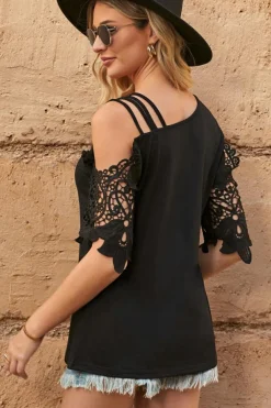 Discount Dear-Lover Lace Splicing Strappy Cold Shoulder Top Black