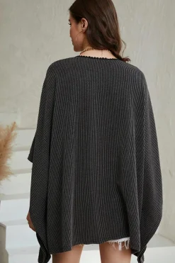 Fashion Dear-Lover Lace Trim Ribbed Oversize Kimono Black