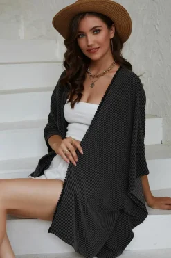 Fashion Dear-Lover Lace Trim Ribbed Oversize Kimono Black