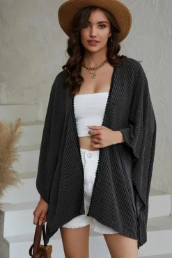 Fashion Dear-Lover Lace Trim Ribbed Oversize Kimono Black