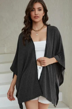 Fashion Dear-Lover Lace Trim Ribbed Oversize Kimono Black