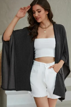Fashion Dear-Lover Lace Trim Ribbed Oversize Kimono Black