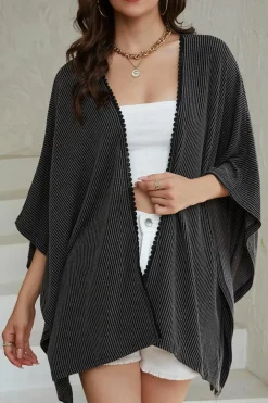 Fashion Dear-Lover Lace Trim Ribbed Oversize Kimono Black