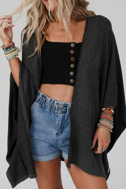 Fashion Dear-Lover Lace Trim Ribbed Oversize Kimono Black