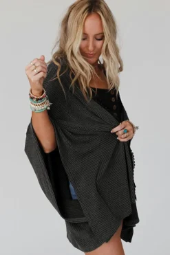 Fashion Dear-Lover Lace Trim Ribbed Oversize Kimono Black