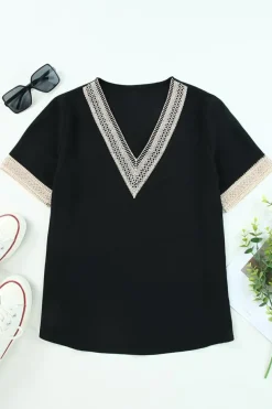 Online Dear-Lover Lace Trim V Neck Short Sleeve Blouse Black