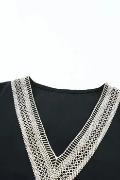 Online Dear-Lover Lace Trim V Neck Short Sleeve Blouse Black