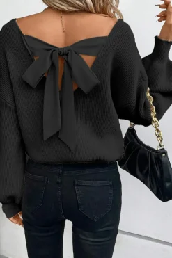 Best Dear-Lover Lantern Sleeve V Neck Knot Back Sweater Black