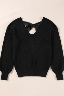 Best Dear-Lover Lantern Sleeve V Neck Knot Back Sweater Black
