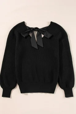 Best Dear-Lover Lantern Sleeve V Neck Knot Back Sweater Black