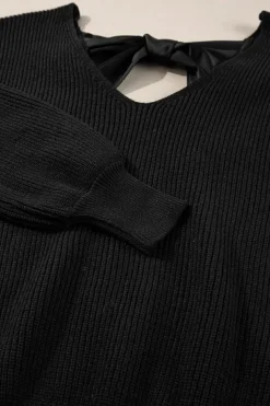 Best Dear-Lover Lantern Sleeve V Neck Knot Back Sweater Black