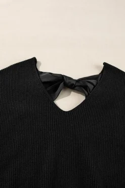 Best Dear-Lover Lantern Sleeve V Neck Knot Back Sweater Black