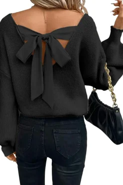 Best Dear-Lover Lantern Sleeve V Neck Knot Back Sweater Black