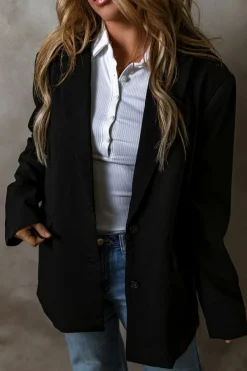 Best Dear-Lover Lapel Flap Pocket Buttoned Blazer Black