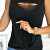 Outlet Dear-Lover Laser Cut Slits Twist Front Tank Top Black