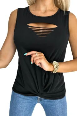 Outlet Dear-Lover Laser Cut Slits Twist Front Tank Top Black