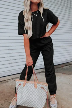 Best Dear-Lover Lattice Textured Cropped Tee and Jogger Pants Set Black