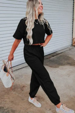 Best Dear-Lover Lattice Textured Cropped Tee and Jogger Pants Set Black