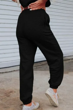 Best Dear-Lover Lattice Textured Cropped Tee and Jogger Pants Set Black