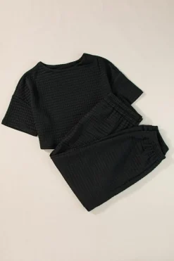 Best Dear-Lover Lattice Textured Cropped Tee and Jogger Pants Set Black